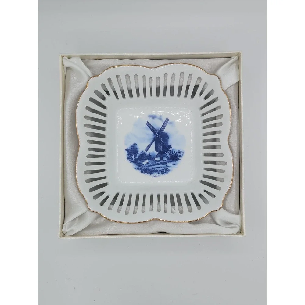Royal Tri‎ Ever Blue Windmill Porcelain Hand Painted Decorative Basket Bowl